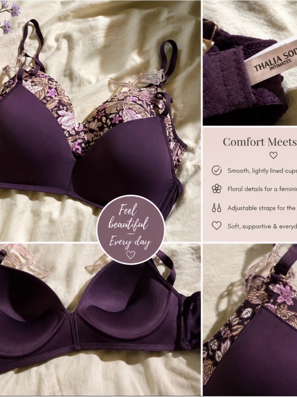 Thalia Sodi Deep Plum Floral Lightly Lined T-Shirt Bra